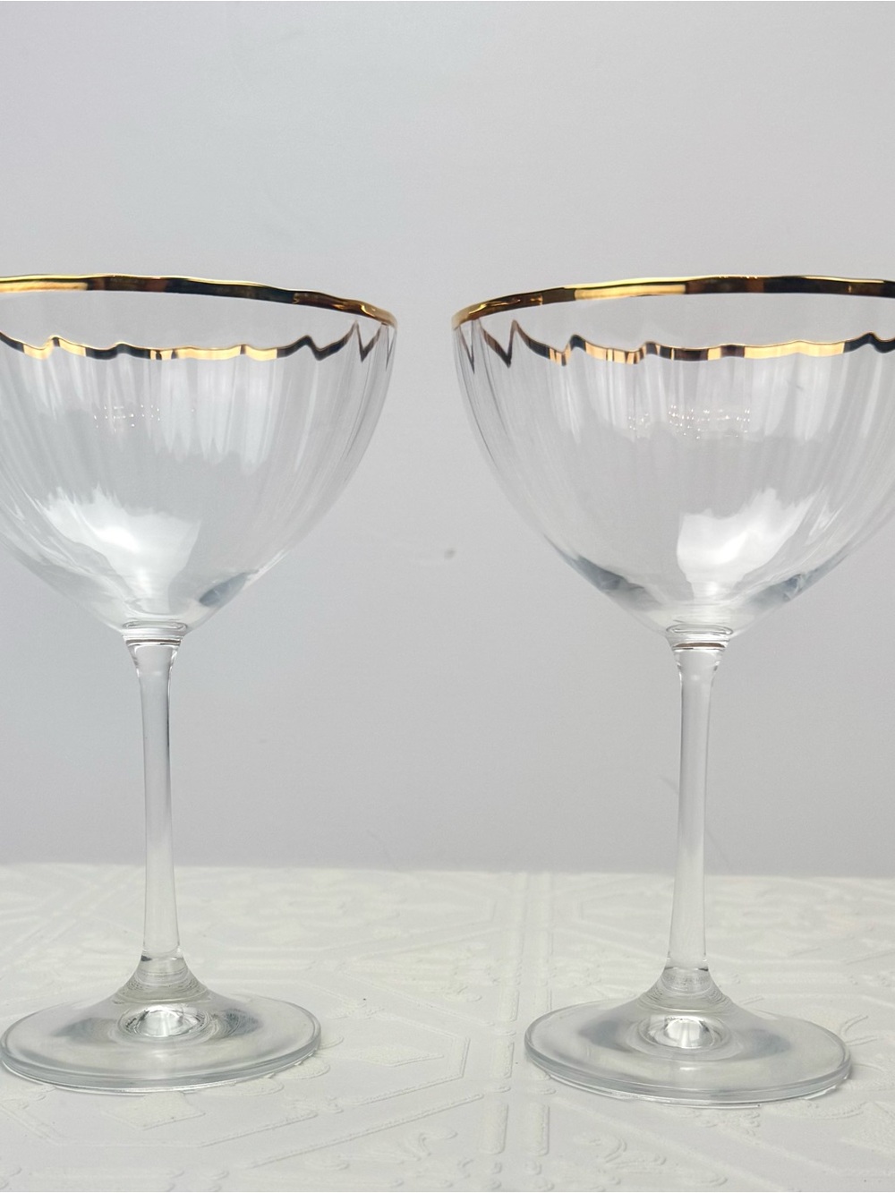 NWT Anthropologie Waterfall Coupe Glasses Clear with 24K Hand Painted Rim